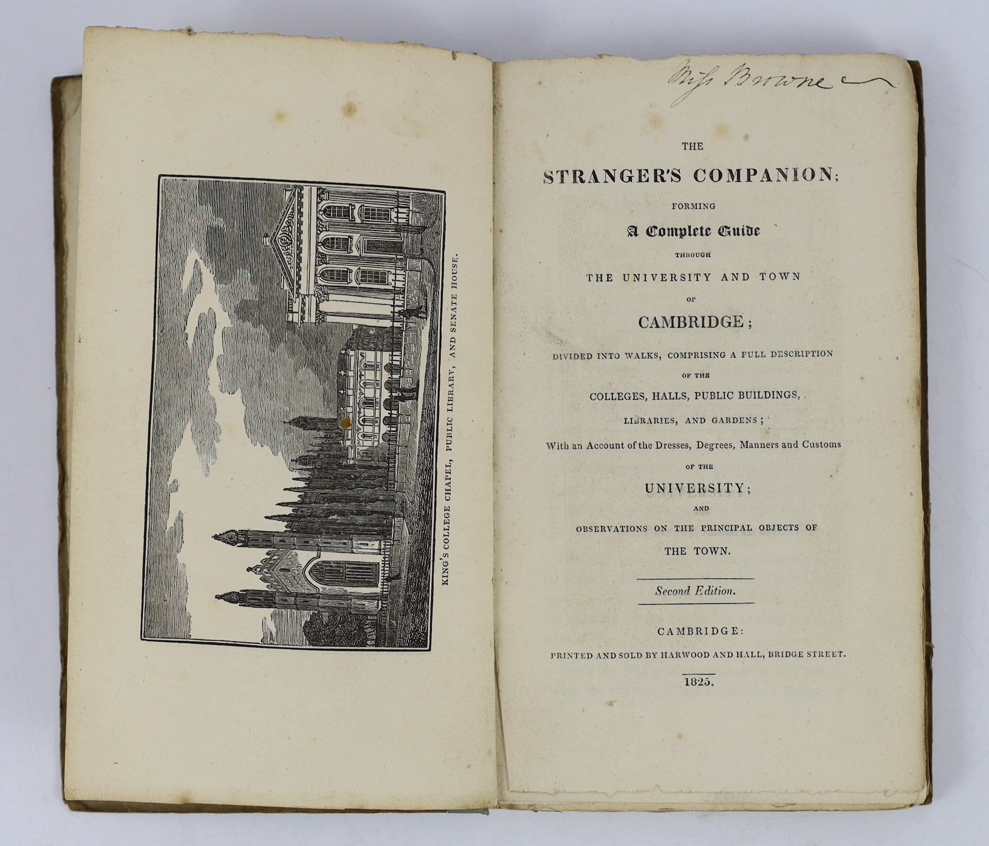 CAMBS: The Stranger's Companion: forming a complete guide through the University and Town of Cambridge ... 2nd edition (revised). folded plan and engraved illus.; original paper boards and printed label (later fabric spi